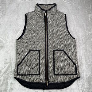 J. Crew Factory Black and White Herringbone Quilted Vest with Gold Zipper